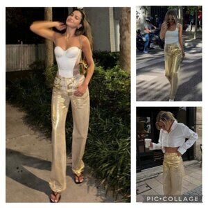 NWT Zara Gold Foil ButtonFly Wide Leg Limited Edition Denim Jeans Women’s size 4